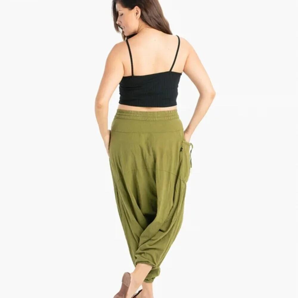 Buddha Pants O.G. Solid Harem Pants Green Hippy Festival Pockets Unisex sz L